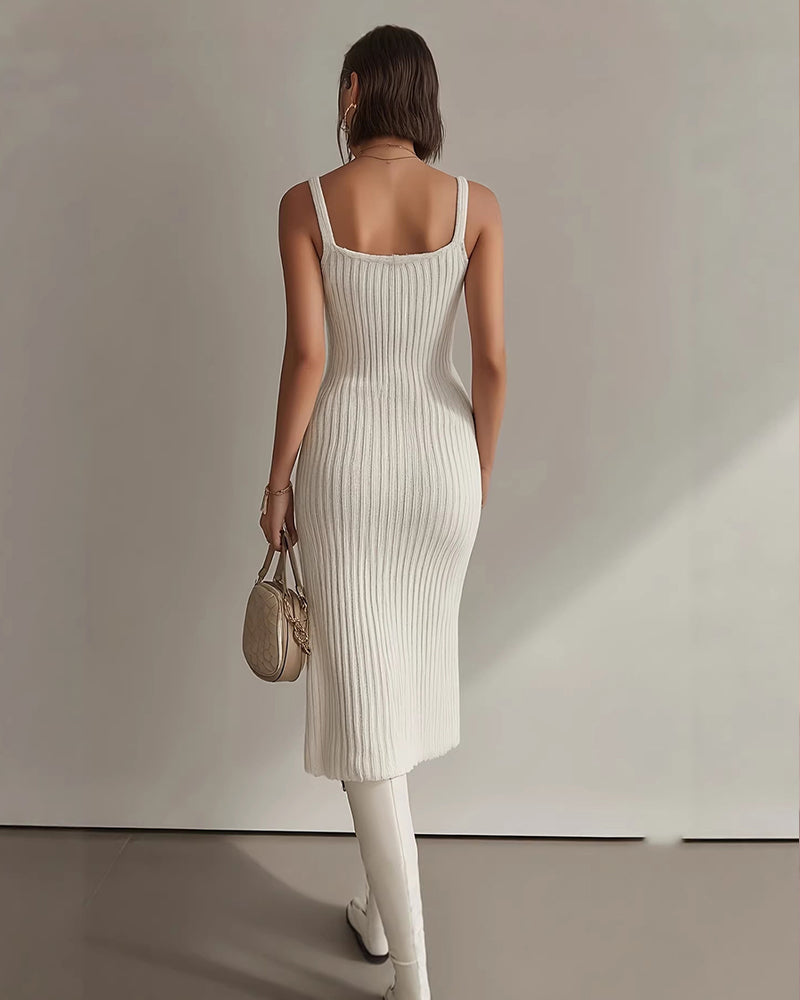 Ribbed Knit Slit Midi Dress